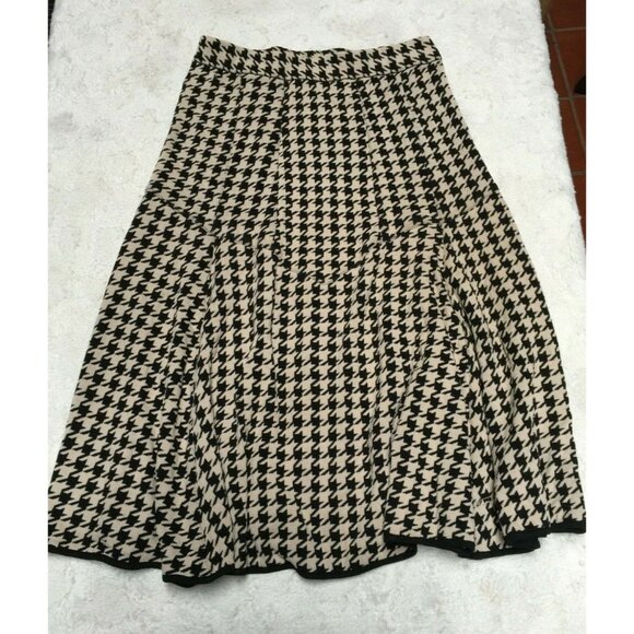 Womens Jacquard Pleated Flared Chic Skirt Houndstooth Pattern Black Beige Casual - Picture 1 of 6